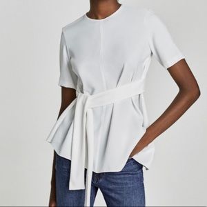 Zara White Tie Kimono-Style Top with Bell Sleeves Size M